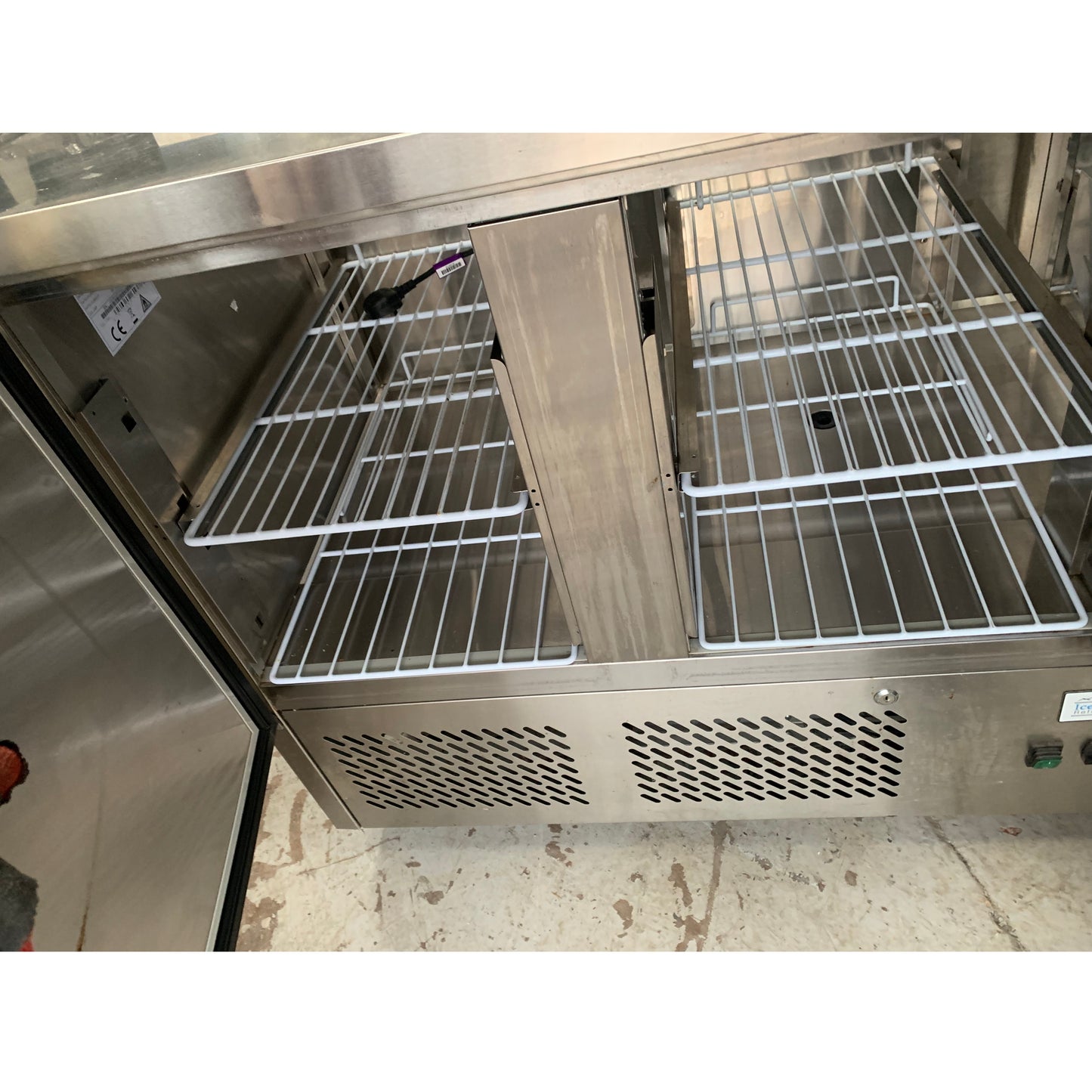 Second hand Atosa Refrigerated Prep Unit (ICE3853GR-R) inside double doors view