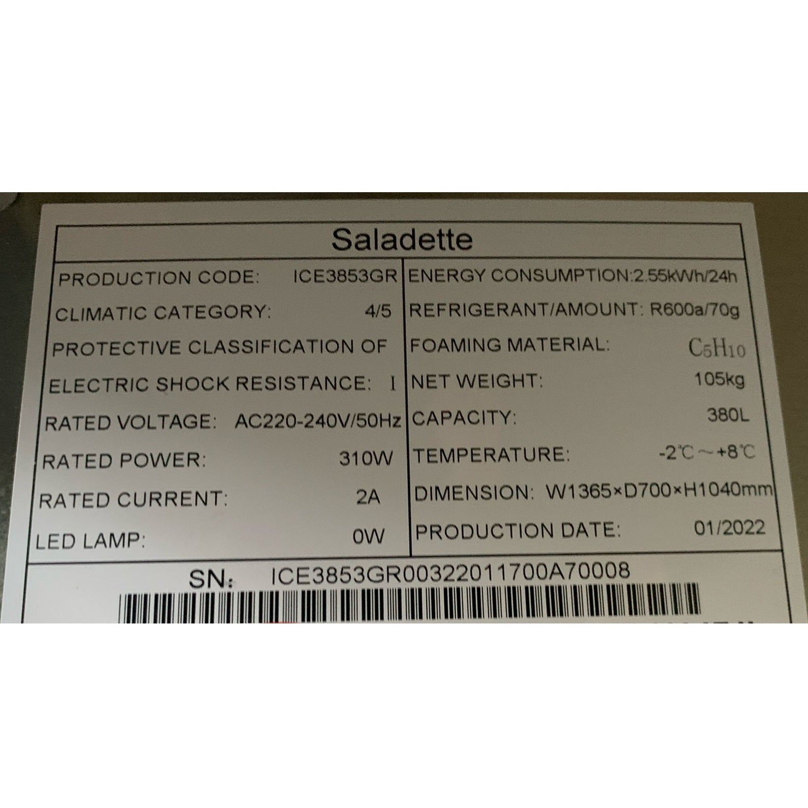 Second hand Atosa Refrigerated Prep Unit (ICE3853GR-R) data plate