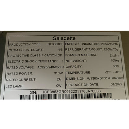 Second hand Atosa Refrigerated Prep Unit (ICE3853GR-R) data plate