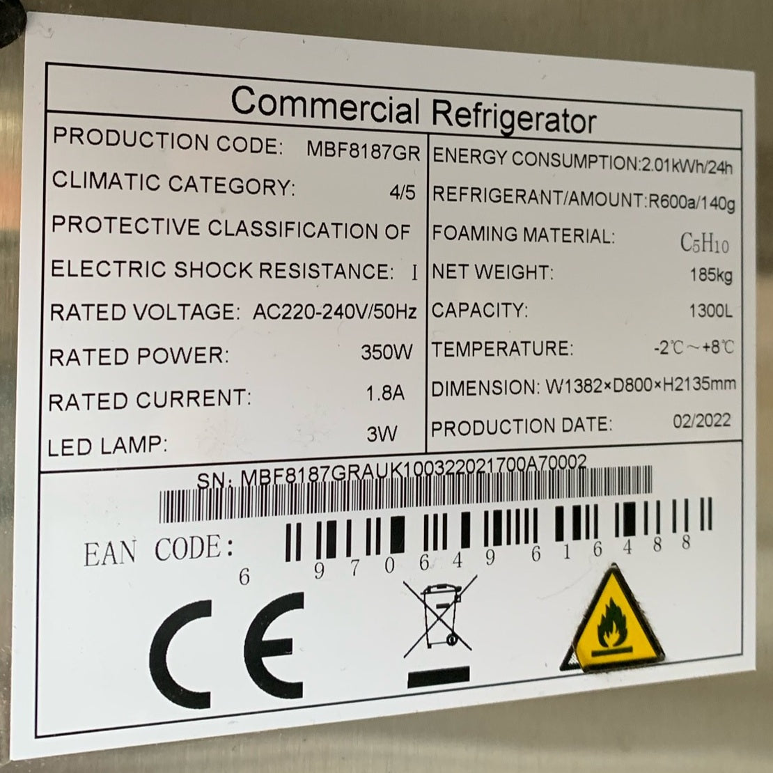 Atosa 1300L Double Door Refrigerator (MBF8187GR-R) data plate
