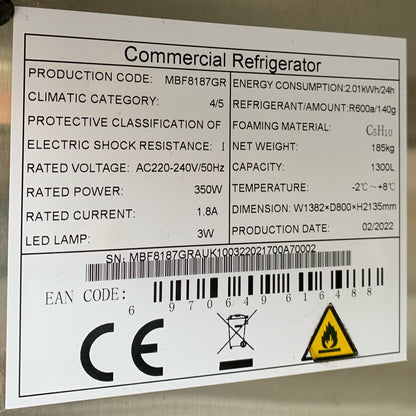 Atosa 1300L Double Door Refrigerator (MBF8187GR-R) data plate
