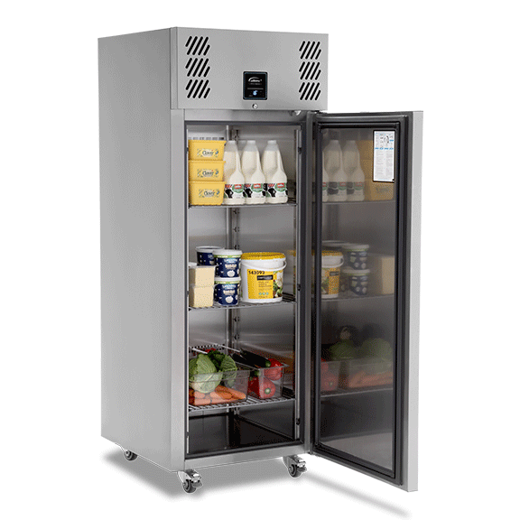 Williams 620L Single Door Refrigerator (HJ1SA) side view with open door and full shelves
