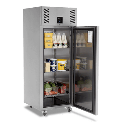 Williams 620L Single Door Refrigerator (HJ1SA) side view with open door and full shelves