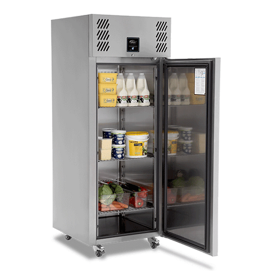 Williams 620L Single Door Refrigerator (HJ1SA) side view with open door and full shelves