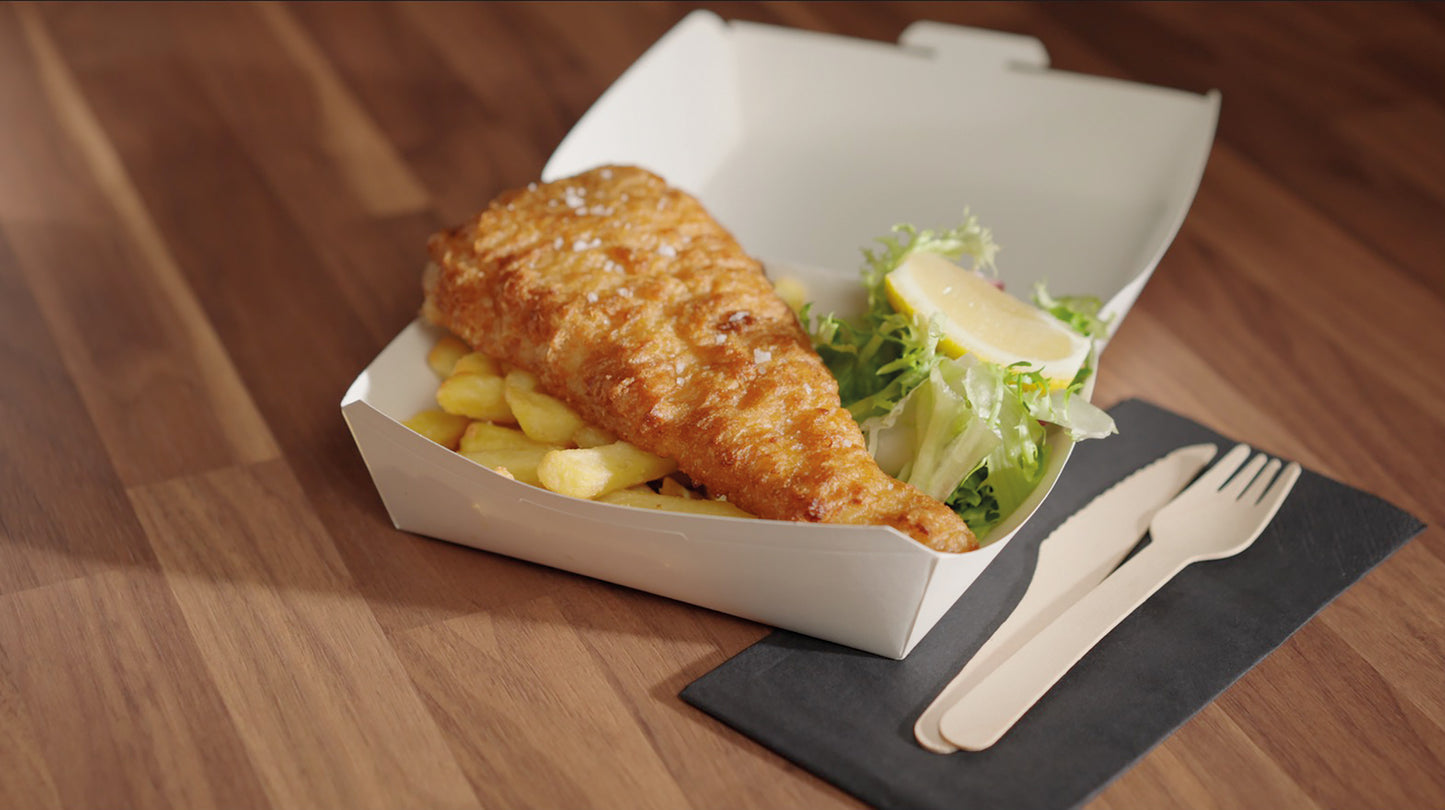 Fish and Chips ready to serve prepared in Lincat Air Fryer Air0