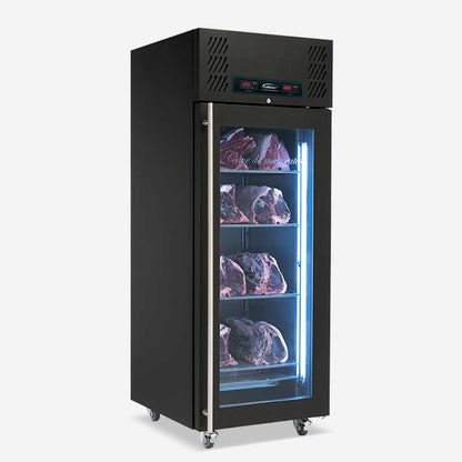 Williams Single Door Meat Ager (MAR1) side view with door closed, full shelves and internal lights on. This unit is wrapped in black vinyl