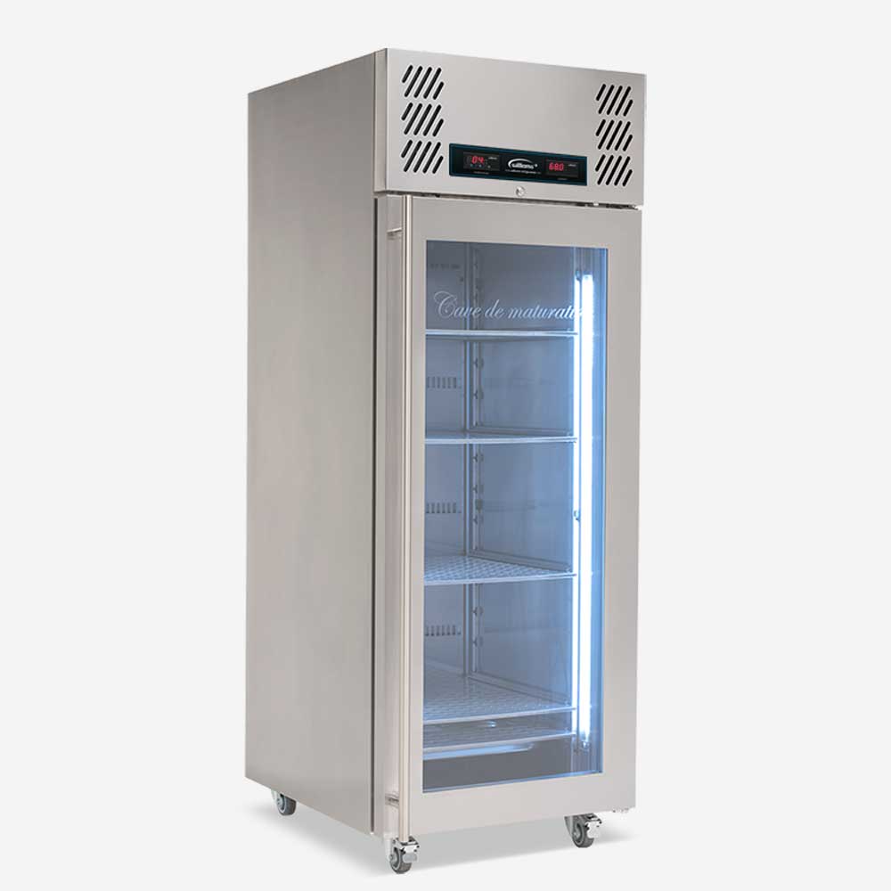 Williams Single Door Meat Ager (MAR1) side view with door closed and internal lighting on, but empty shelves