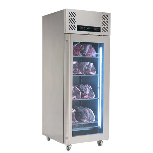 Williams Single Door Meat Ager (MAR1) side view with door closed, full shelves and internal lighting on 