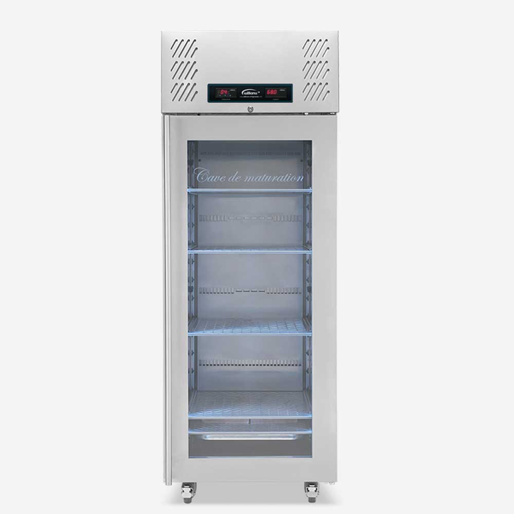 Williams Single Door Meat Ager (MAR1) front view with door closed, empty shelves and lights on