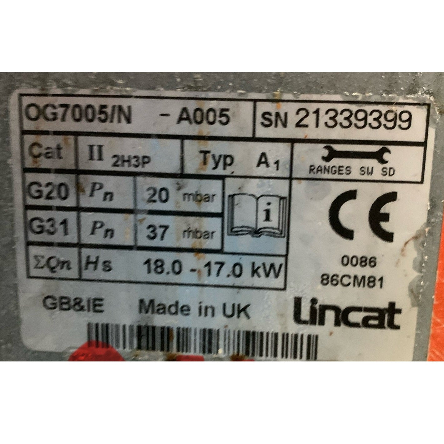 Reconditioned Lincat Solid Top Gas Range Data Plate (OG7005/N-R)