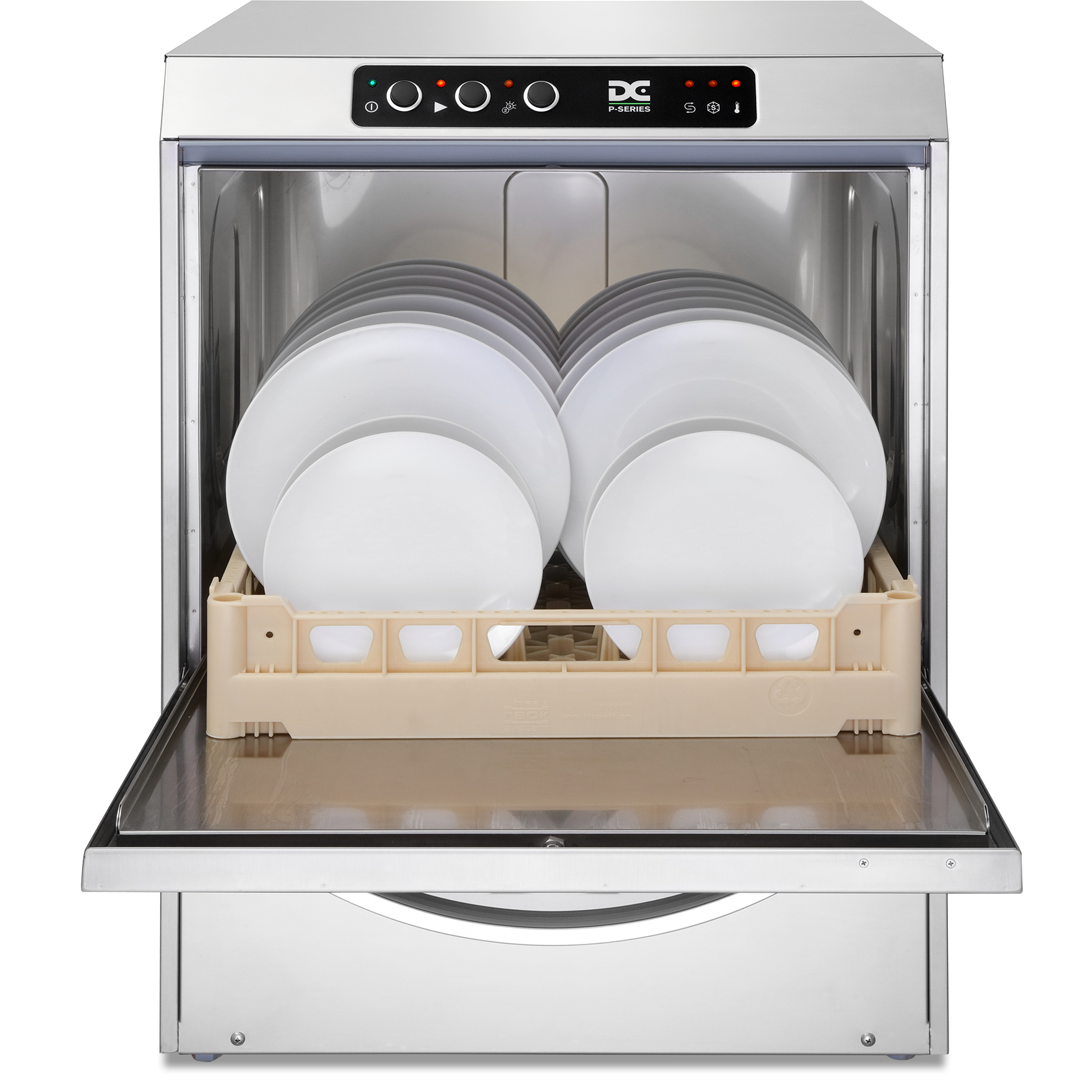 DC Undercounter Dishwasher (PD50) front view, open and loaded