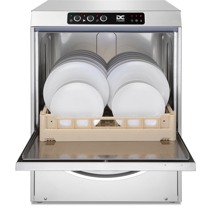 DC Undercounter Dishwasher (PD50) front view, open and loaded