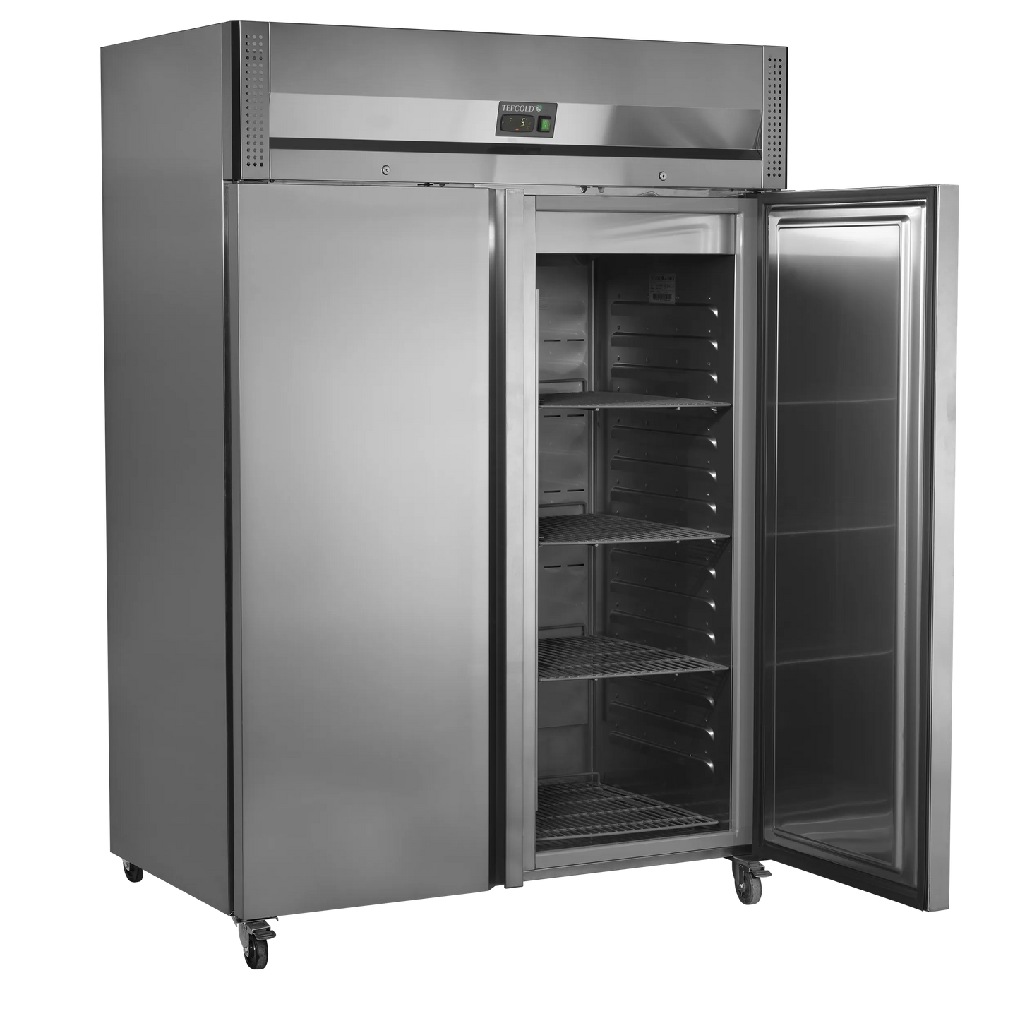 Tefcold 1300L Double Door Refrigerator (RK1420X1) with open door and empty shelves