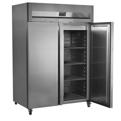 Tefcold 1300L Double Door Refrigerator (RK1420X1) with open door and empty shelves