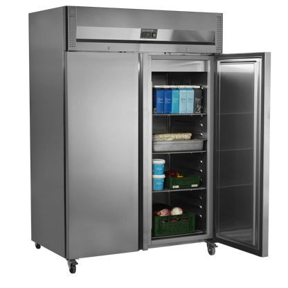 Tefcold 1300L Double Door Refrigerator (RK1420X1) with door open and shelves loaded