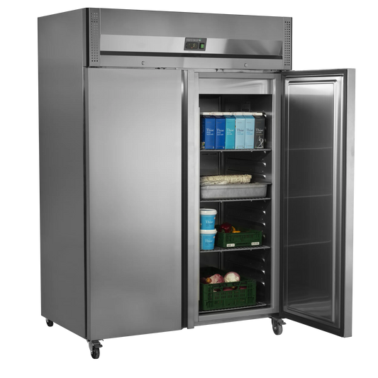 Tefcold 1300L Double Door Refrigerator (RK1420X1) with door open and shelves loaded