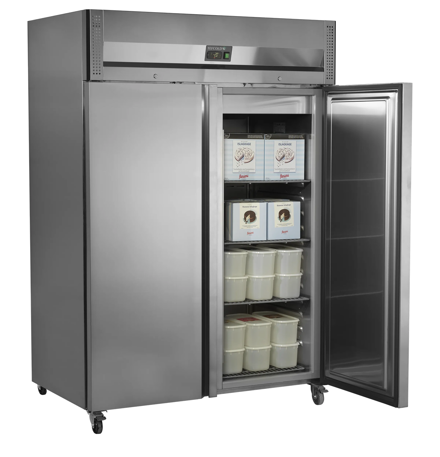 Tefcold 1300L Single Door Freezer (RF1420X1) with open door and loaded shelves