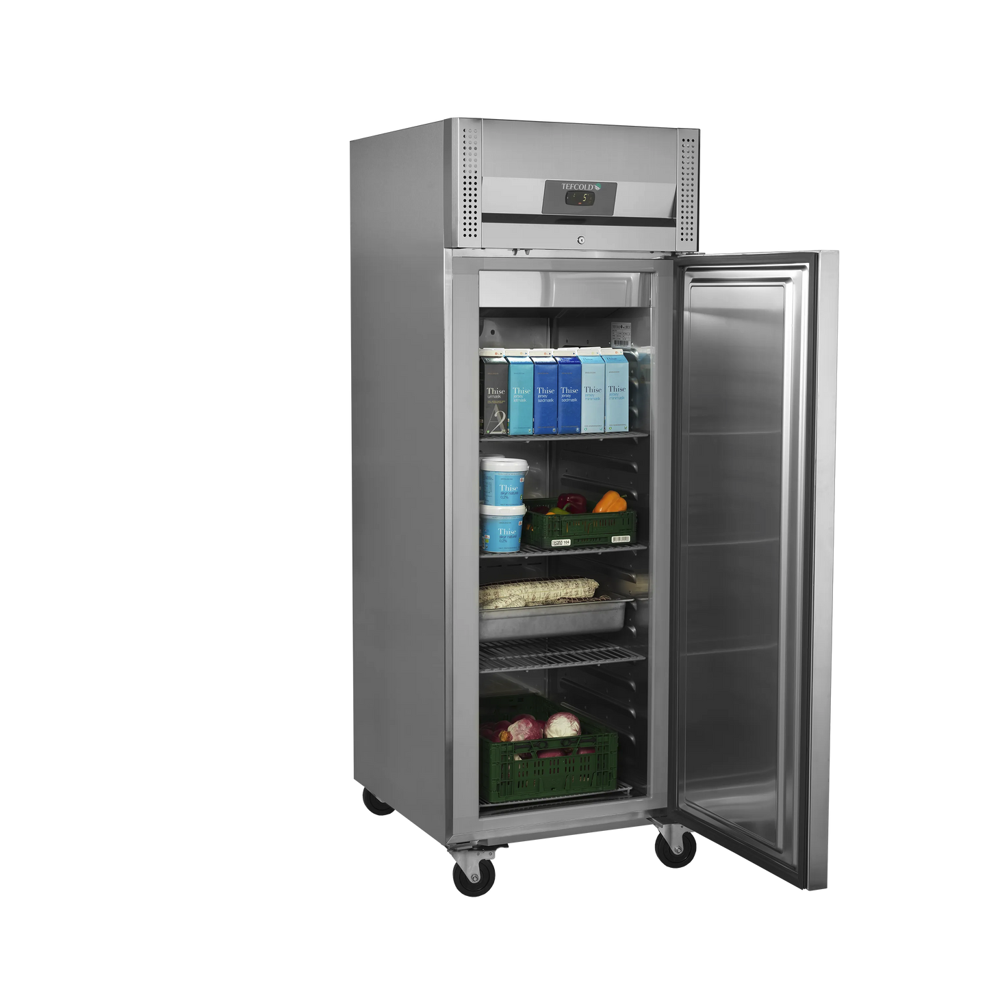 Tefcold 559L Single Door Refrigerator (RK710X1) with door open and loaded shelves