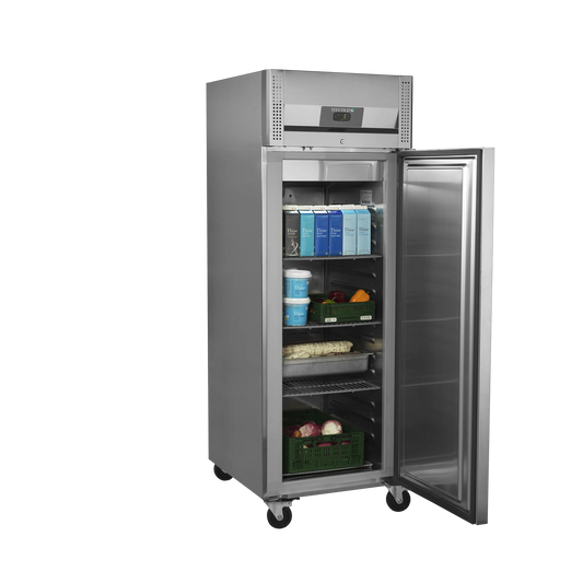 Tefcold 559L Single Door Refrigerator (RK710X1) with door open and loaded shelves