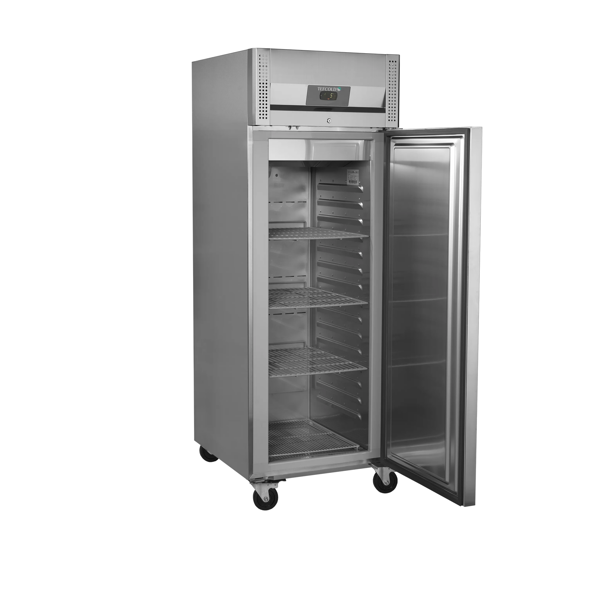 Tefcold 559L Single Door Refrigerator (RK710X1) with door open and empty shelves