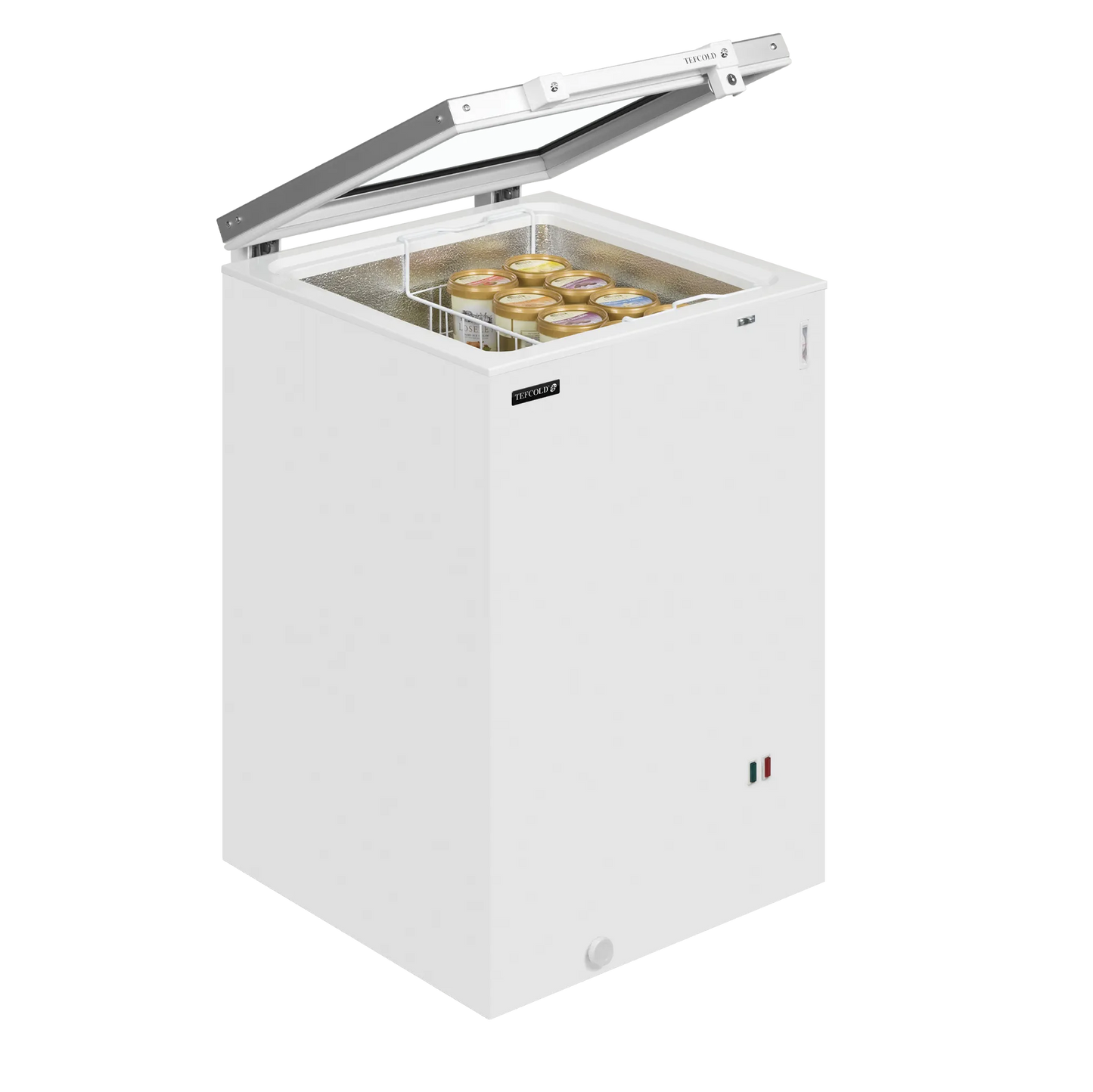 Tefcold 115L Display Chest Freezer (ST160) open with ice cream in basket