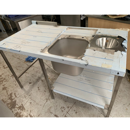 Stainless steel bespoke sink unit with anti drip mould, inset hand wash basin and void to left hand side top view