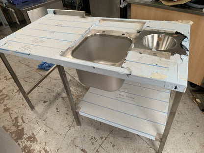 Stainless steel bespoke sink unit with anti drip mould, inset hand wash basin and void to left hand side