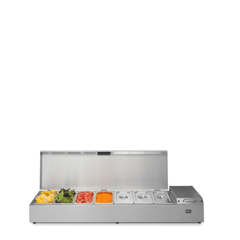 Williams Refrigerated Topping Unit (TW15) front view with open lid and part filled pans