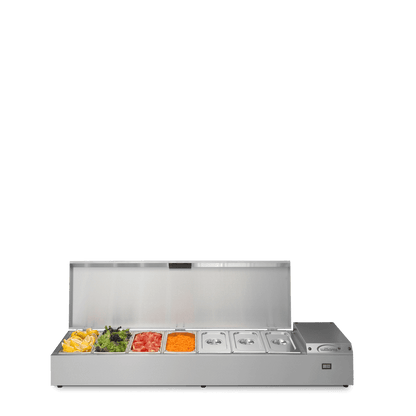 Williams Refrigerated Topping Unit (TW15) front view with open lid and part filled pans