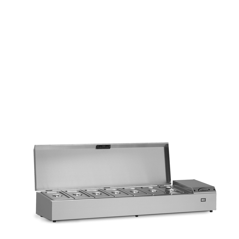 Williams Refrigerated Topping Unit (TW15) side view with open lid and pans also with lids