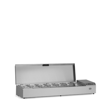 Williams Refrigerated Topping Unit (TW15) side view with open lid and pans also with lids