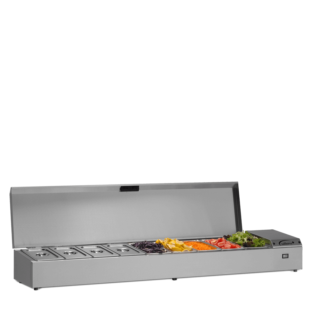 Williams 1862mm Refrigerated Topping Unit (TW18) side view with open lid and 5 full pans