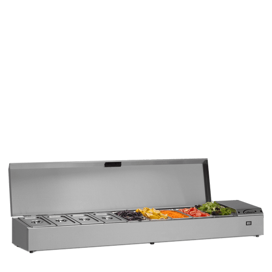 Williams 1862mm Refrigerated Topping Unit (TW18) side view with open lid and 5 full pans