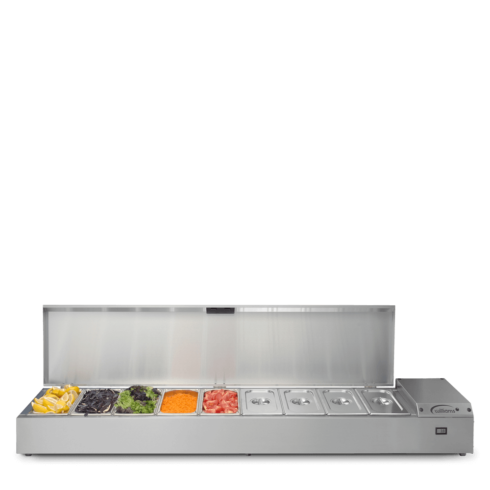 Williams 1862mm Refrigerated Topping Unit (TW18) with open lid and 4 full pans