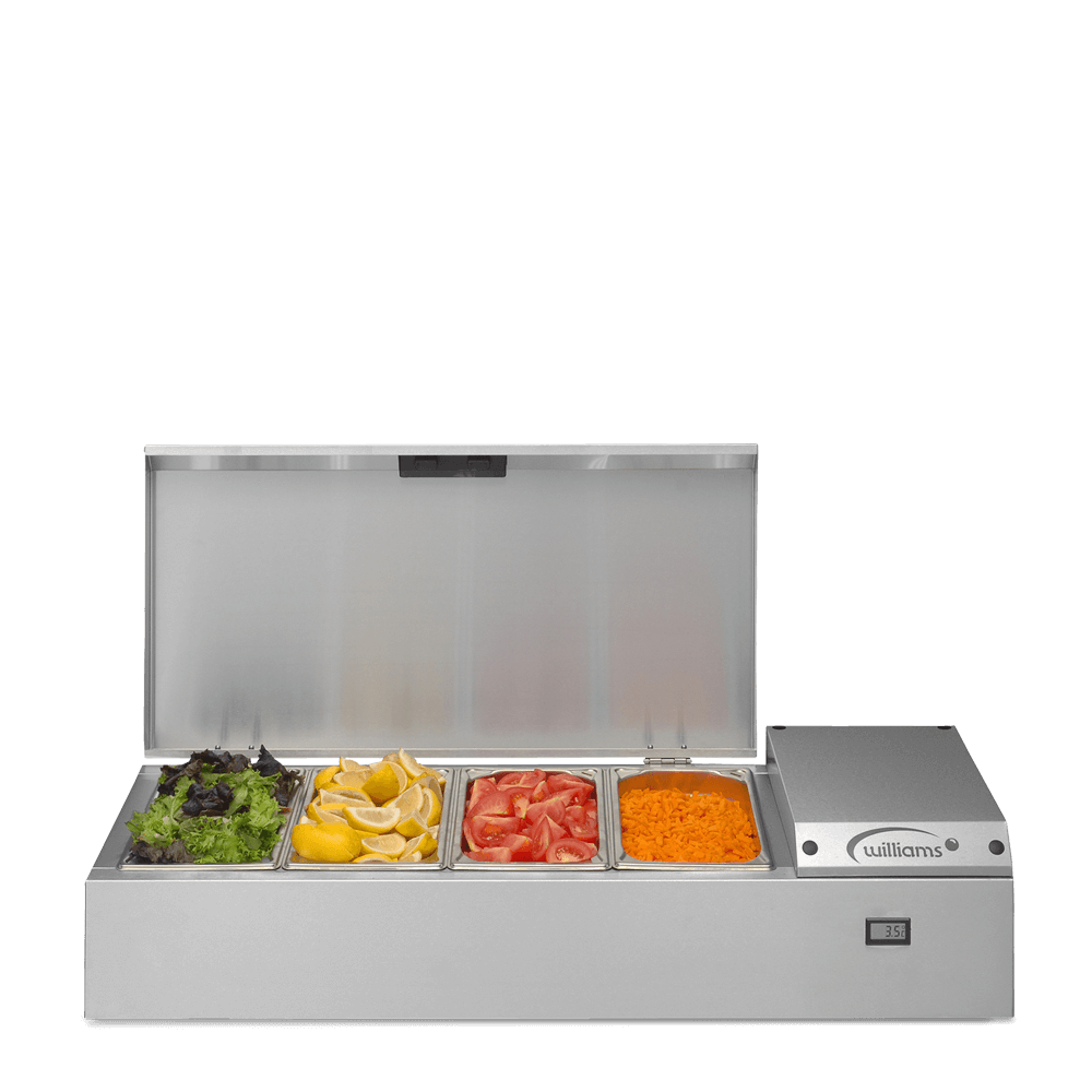 Williams Refrigerated Topping Unit (TW9) with lid up and pans full of toppings