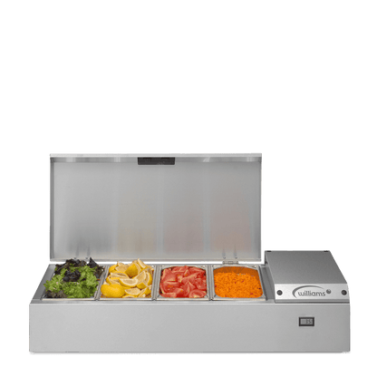 Williams Refrigerated Topping Unit (TW9) with lid up and pans full of toppings