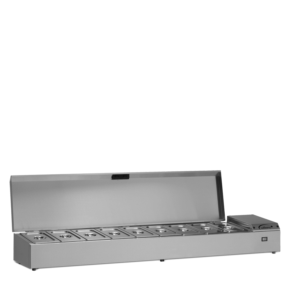 Williams 1862mm Refrigerated Topping Unit (TW18) with open lid and 9 pans with lids