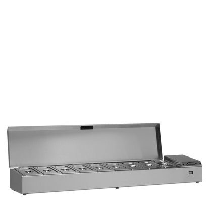 Williams 1862mm Refrigerated Topping Unit (TW18) with open lid and 9 pans with lids