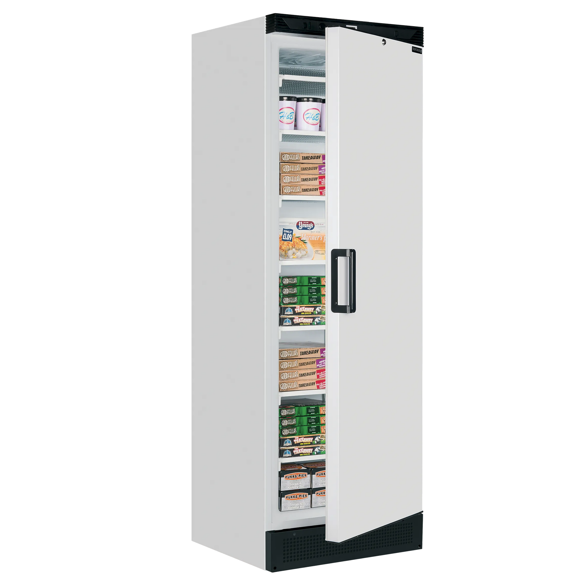 Tefcold 300L Single Door Freezer (UFFS371SD) door open with loaded shelves