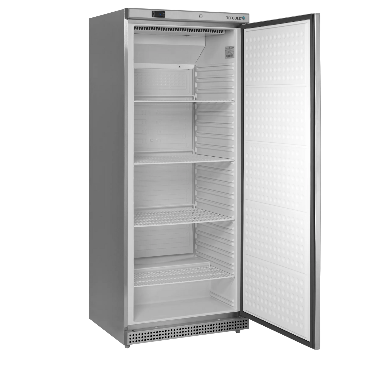Tefcold 620L Single Door Refrigerator (UR600X1) stainless steel exterior and open door
