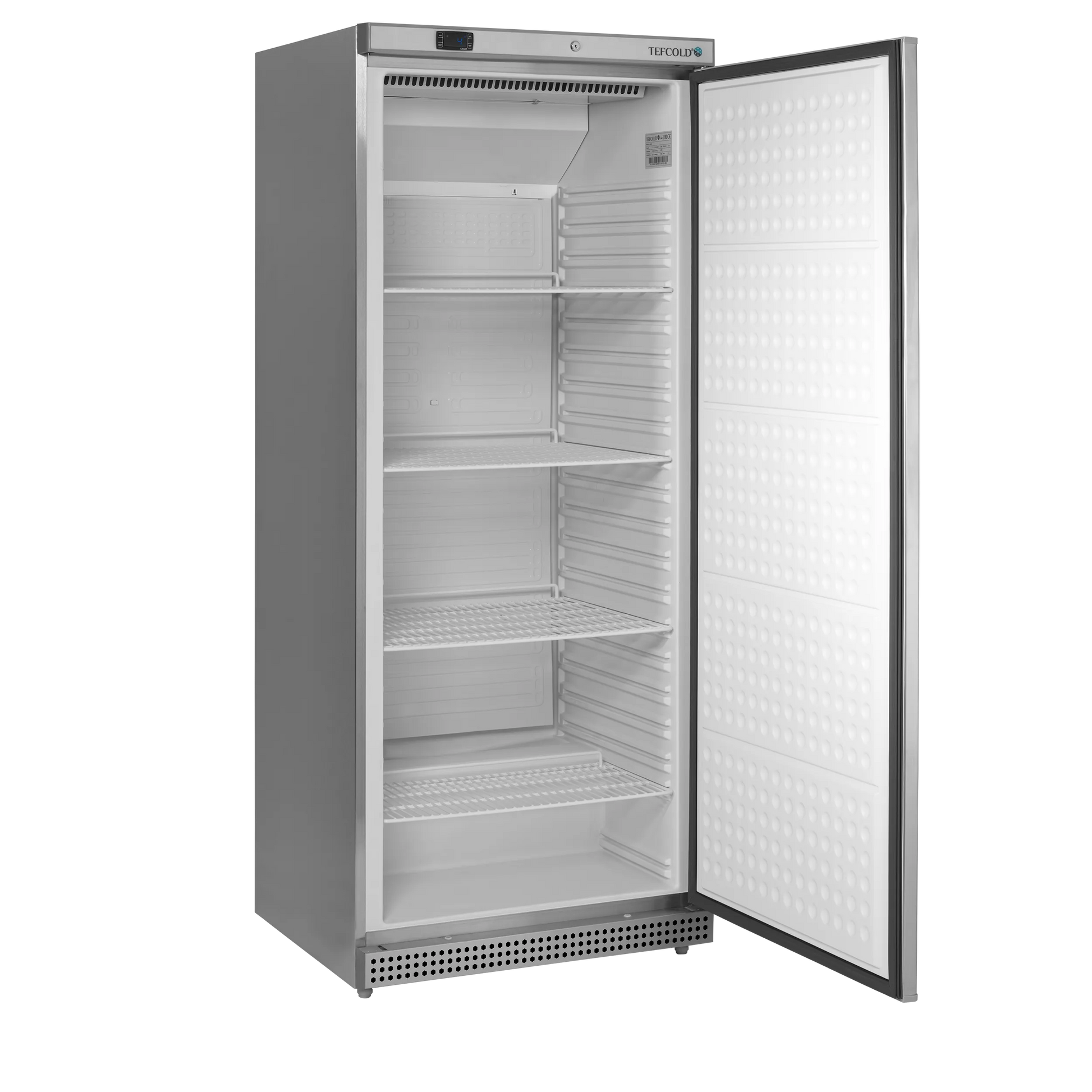 Tefcold 620L Single Door Refrigerator (UR600X1) stainless steel exterior and open door