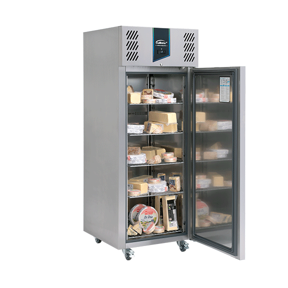 Williams 620L Single Door MultiTemp Cabinet VJ1, with door open, set for cheese, shelves full of cheese