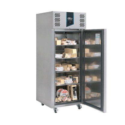 Williams 620L Single Door MultiTemp Cabinet VJ1, with door open, set for cheese, shelves full of cheese