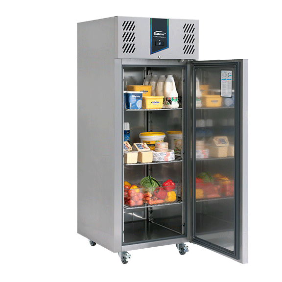 Williams 620L Single Door MultiTemp Cabinet VJ1, set for chilled foods, with door open and dairy products and vegetables on shelves