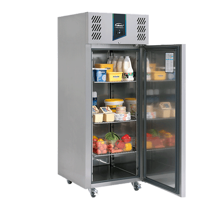 Williams 620L Single Door MultiTemp Cabinet VJ1, set for chilled foods, with door open and dairy products and vegetables on shelves