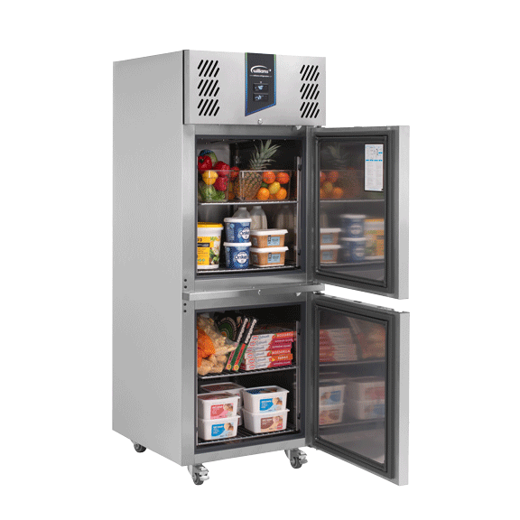 Williams 378L Single Door Fridge-Freezer (VVJ1) with both doors open, top section as refrigerator and bottom section as freezer