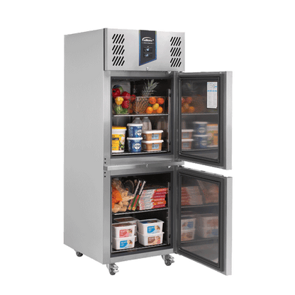 Williams 378L Single Door Fridge-Freezer (VVJ1) with both doors open, top section as refrigerator and bottom section as freezer