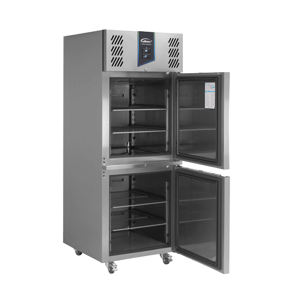 Williams 378L Single Door Fridge-Freezer (VVJ1) side view with both doors open and empty shelves