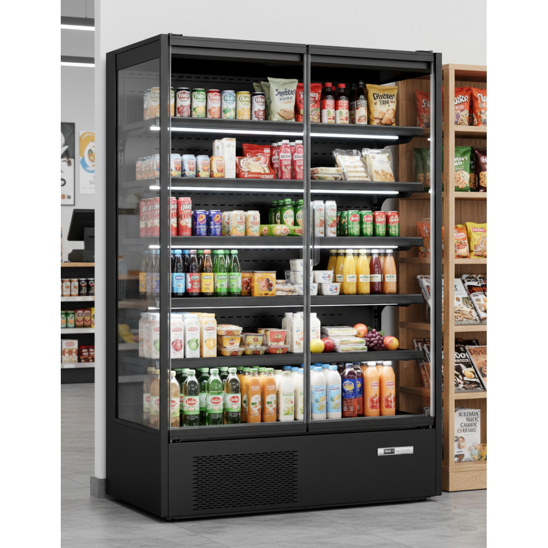 Prodis 1310mm Refrigerated Multideck, Black (XMD1250-MK2-K) in a convenience store
