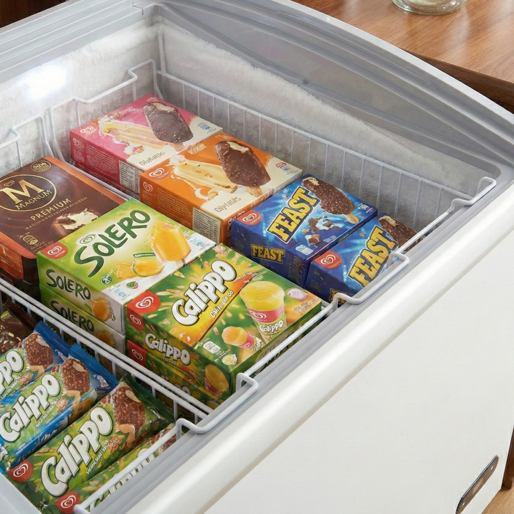 Prodis 546L Display Chest Freezer (NVC5) close up on baskets full of ice cream